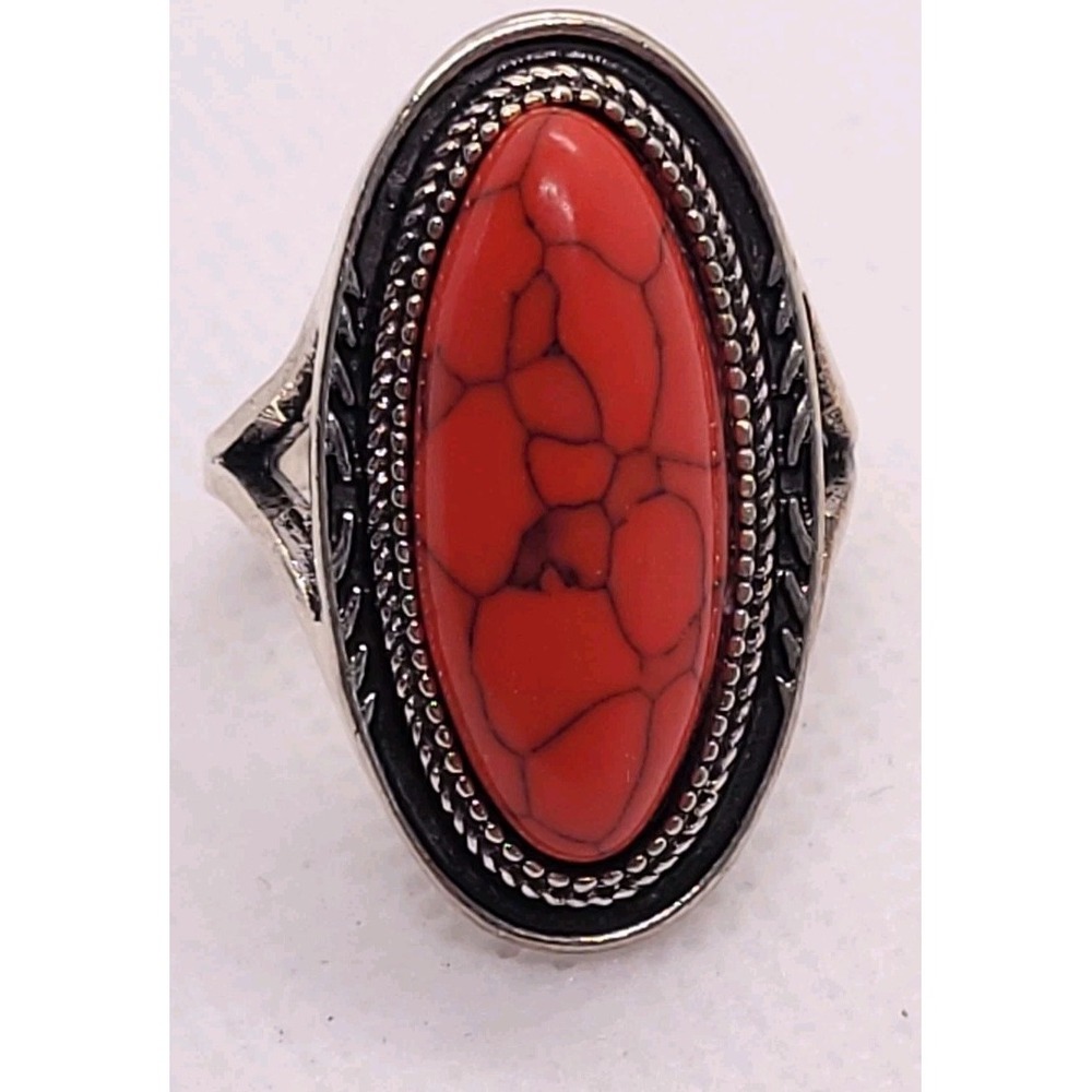Red Stone Statement Ring Silver Tone Southwestern Oval Cabochon Size 8